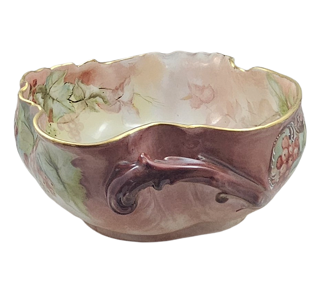 LIMOGES Porcelain Bowl Hand Painted Red Currants Branch Handle
