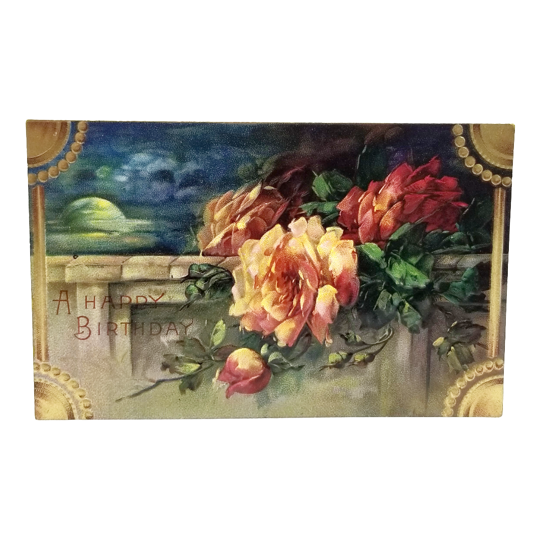 Greetings Postcard Happy Birthday Pink Flowers Ocean Moonlit Night Series 1600