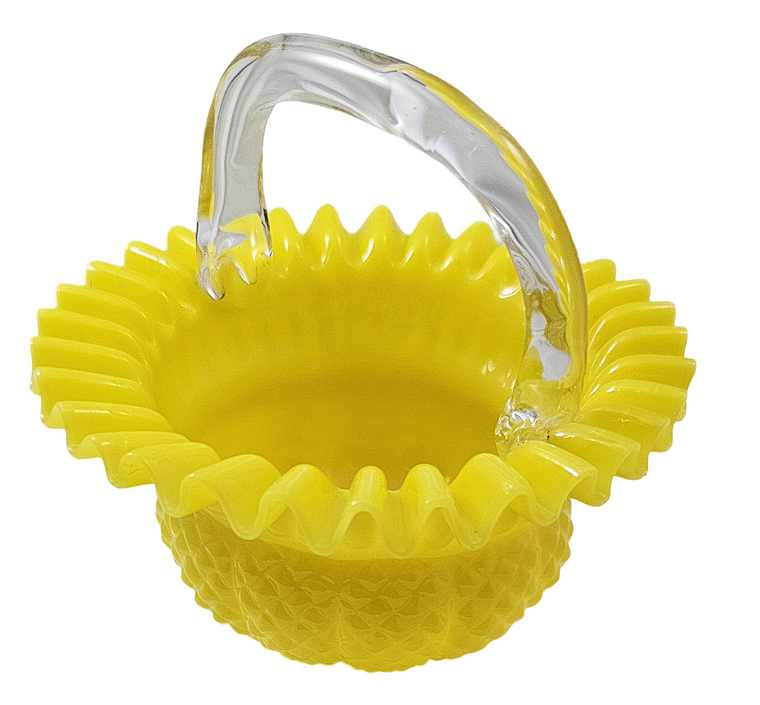 Victorian Art Glass Miniature Yellow Ruffle Hobnail Basket Applied Clear Handle