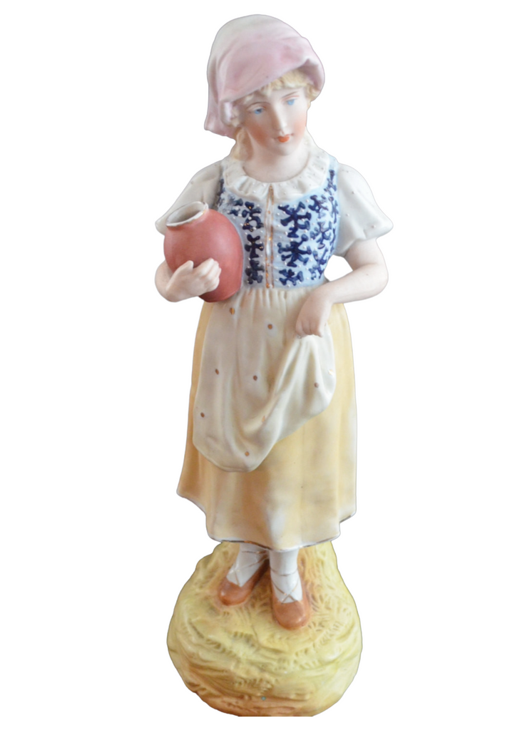Heubach Bisque Porcelain Parlor Statue Peasant Woman Holding Jug
