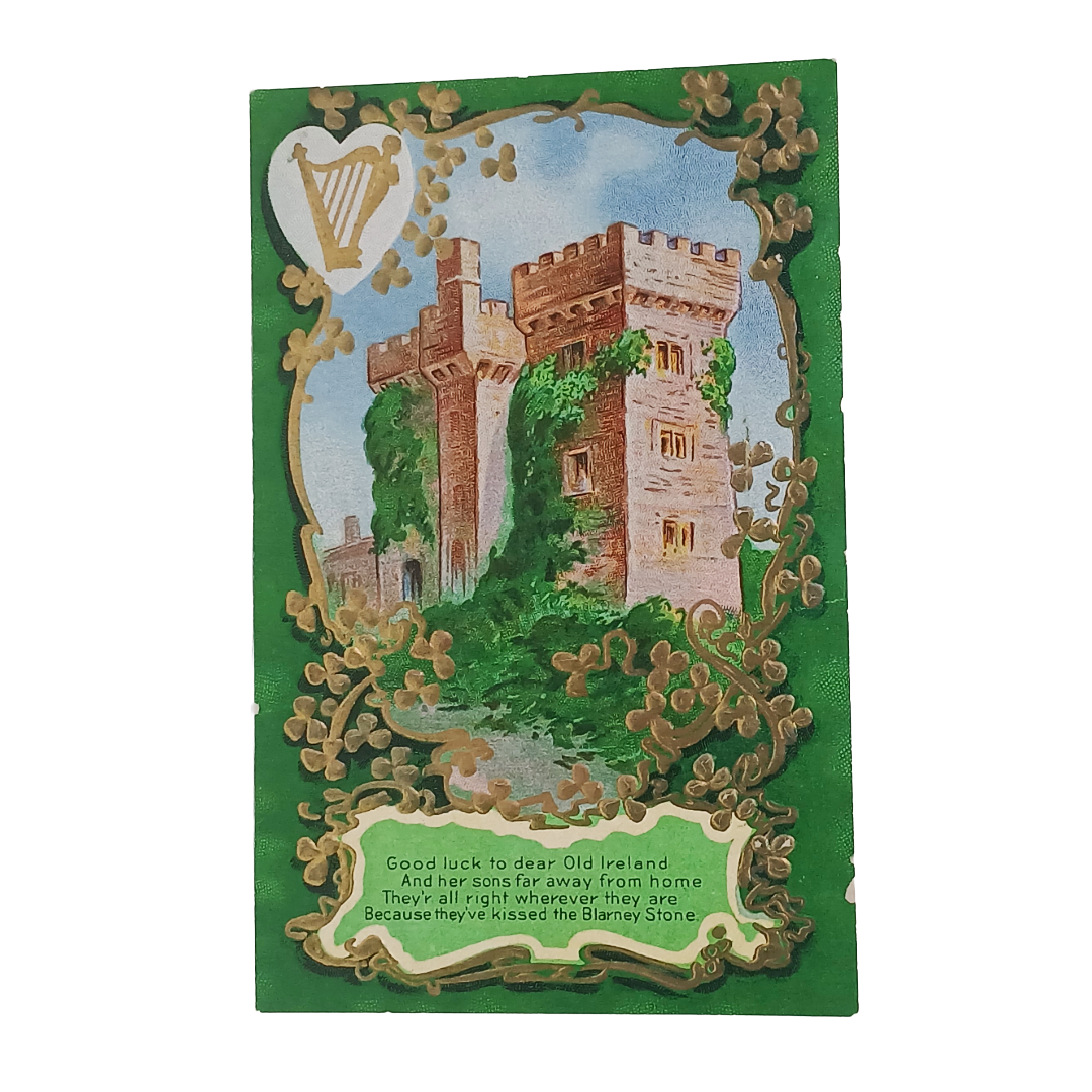 Saint Patrick's Day Postcard Blarney Castle Gold Embossed Clovers