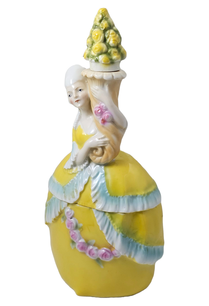 Bavarian Porcelain Erphila Yellow Figural Woman Powder Box Jar & Perfume Half Doll