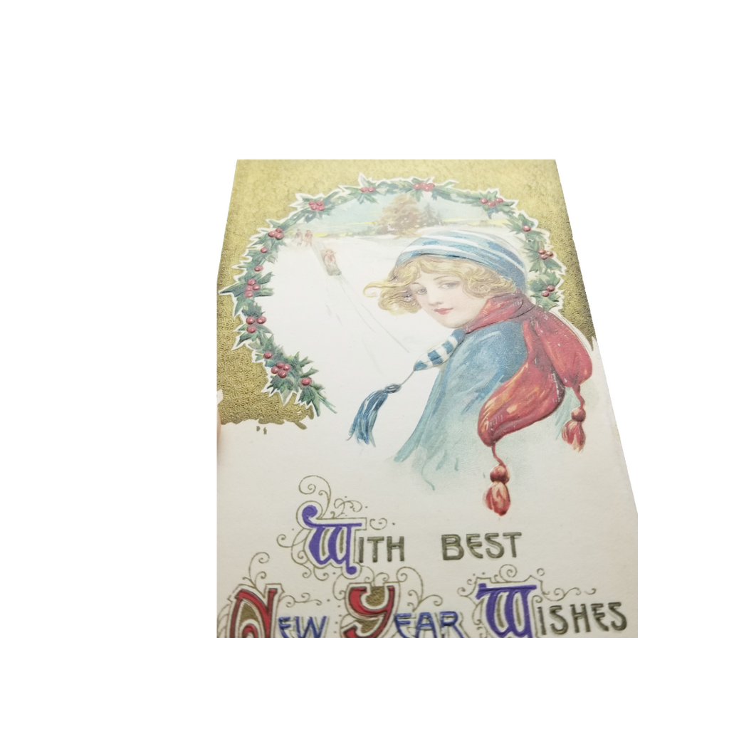 New Year Postcard Woman Blue Sweater Watching Sledding Winsch Schmucker