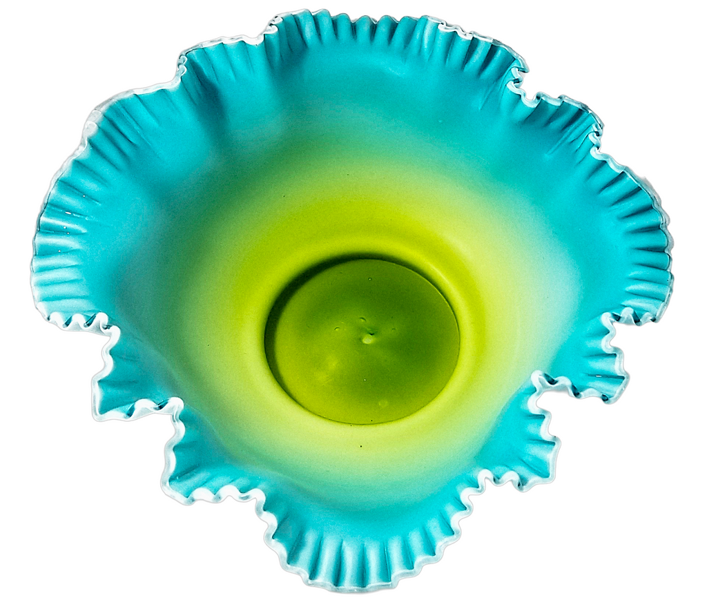 Victorian Cased Glass Bride's Basket Blue Green Satin Finish