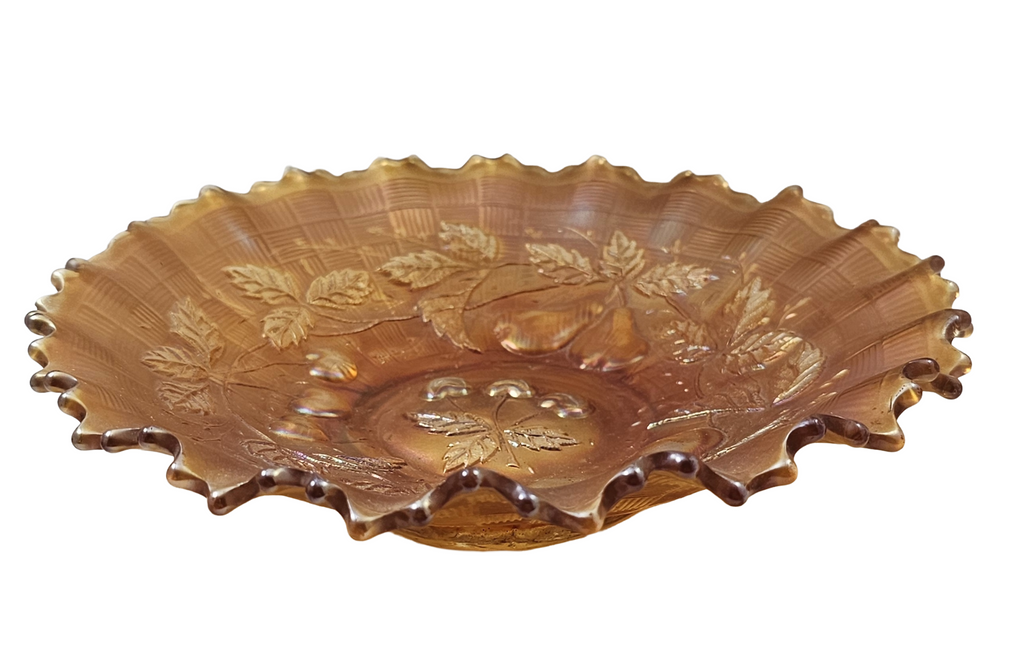 Northwood Marigold Three Fruits Carnival Glass Bowl Basket Weave Back