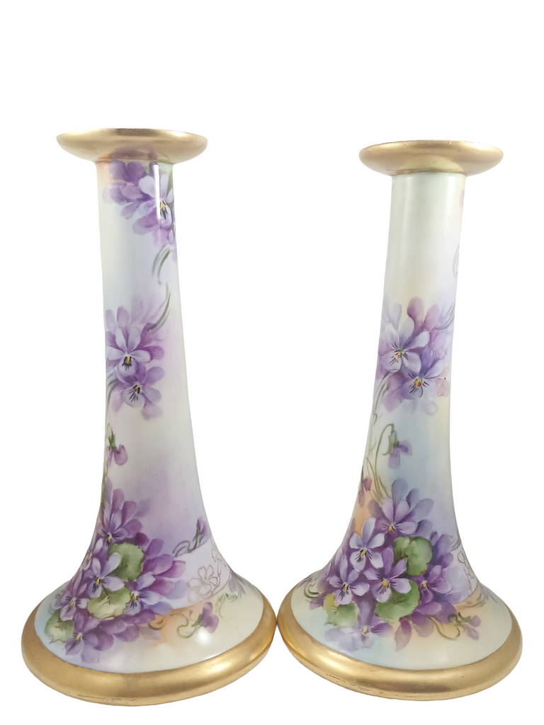 Limoges Porcelain Candle Holders Hand Painted Violets Artist Signed Perl