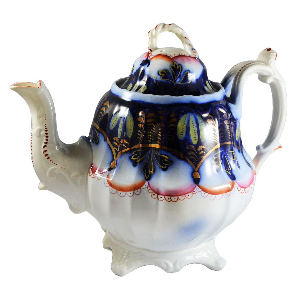 19th Century Rare Staffordshire Gaudy Welsh Ironstone Banana Flow Blue Teapot