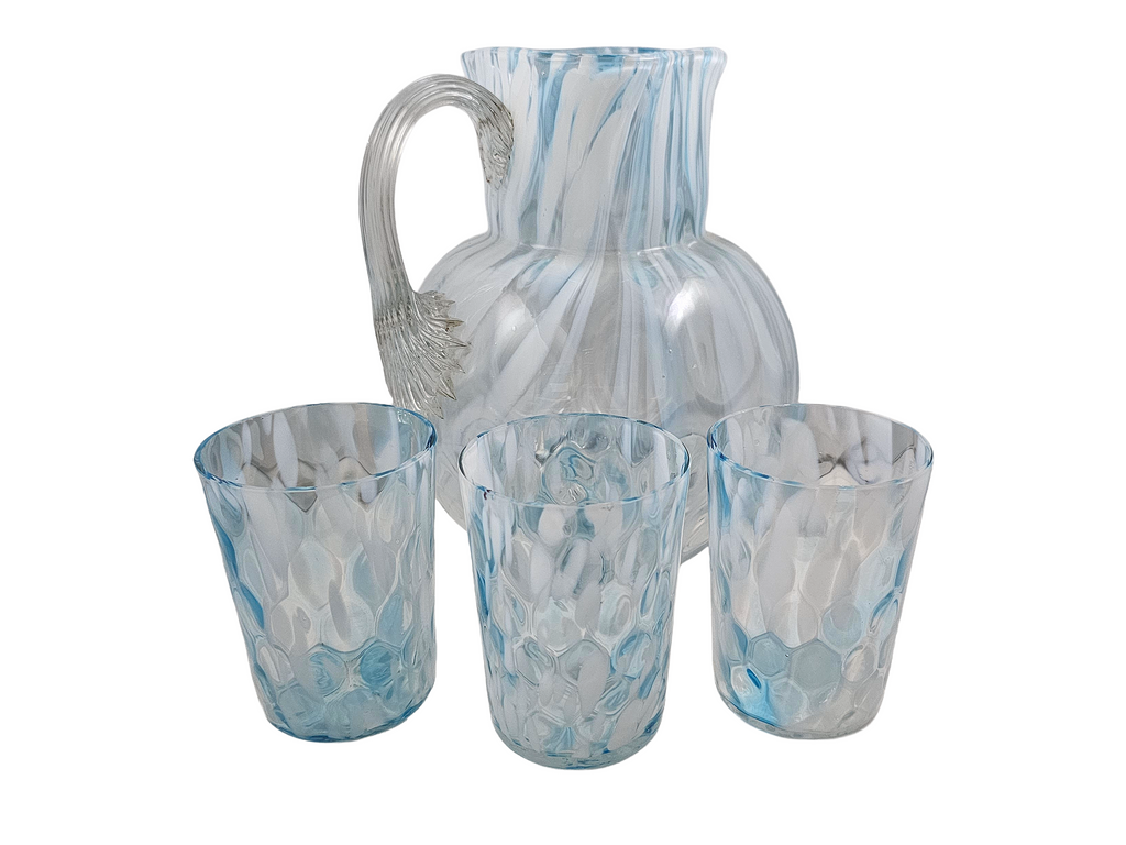 Phoenix Spot Optic Spatter Glass Four Piece Water Set Pitcher Tumblers Opal Blue