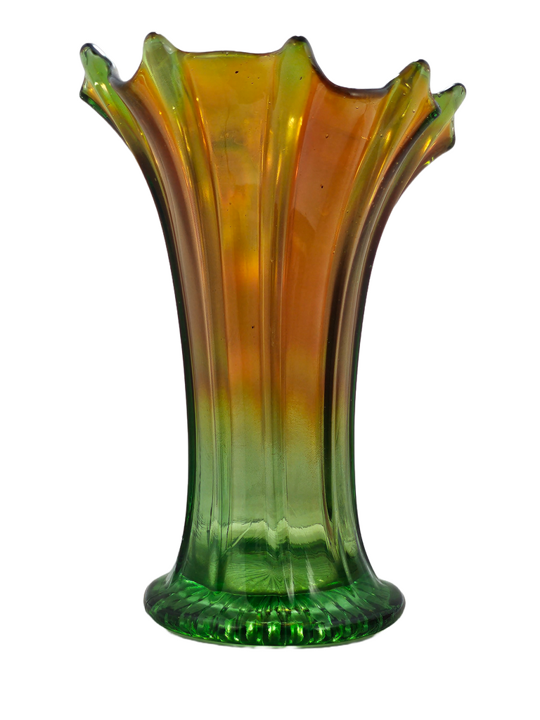 Antique Northwood Thin Ribbed Carnival Glass Vase, Marigold & Green Standard Swung Carnival Vase