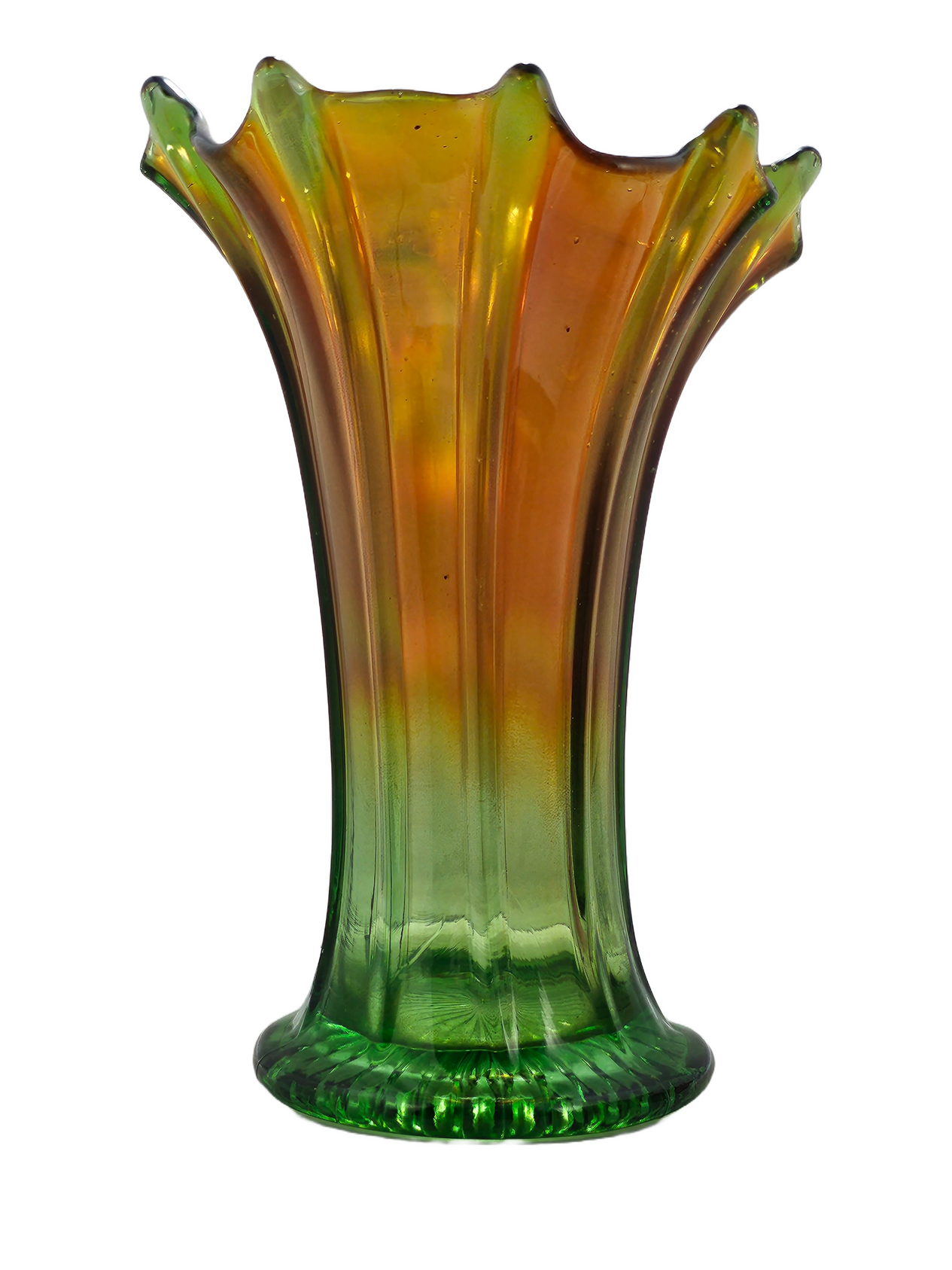 Northwood Thin Ribbed Swung Marigold Green Carnival Glass Vase