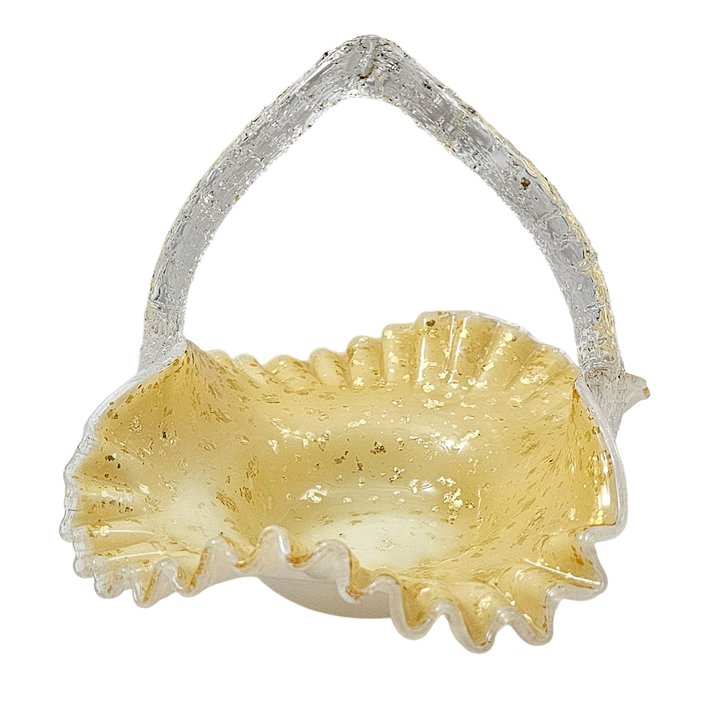 Victorian Cased Art Glass Basket Gold Mica Ruffle Rim Thorn Handle