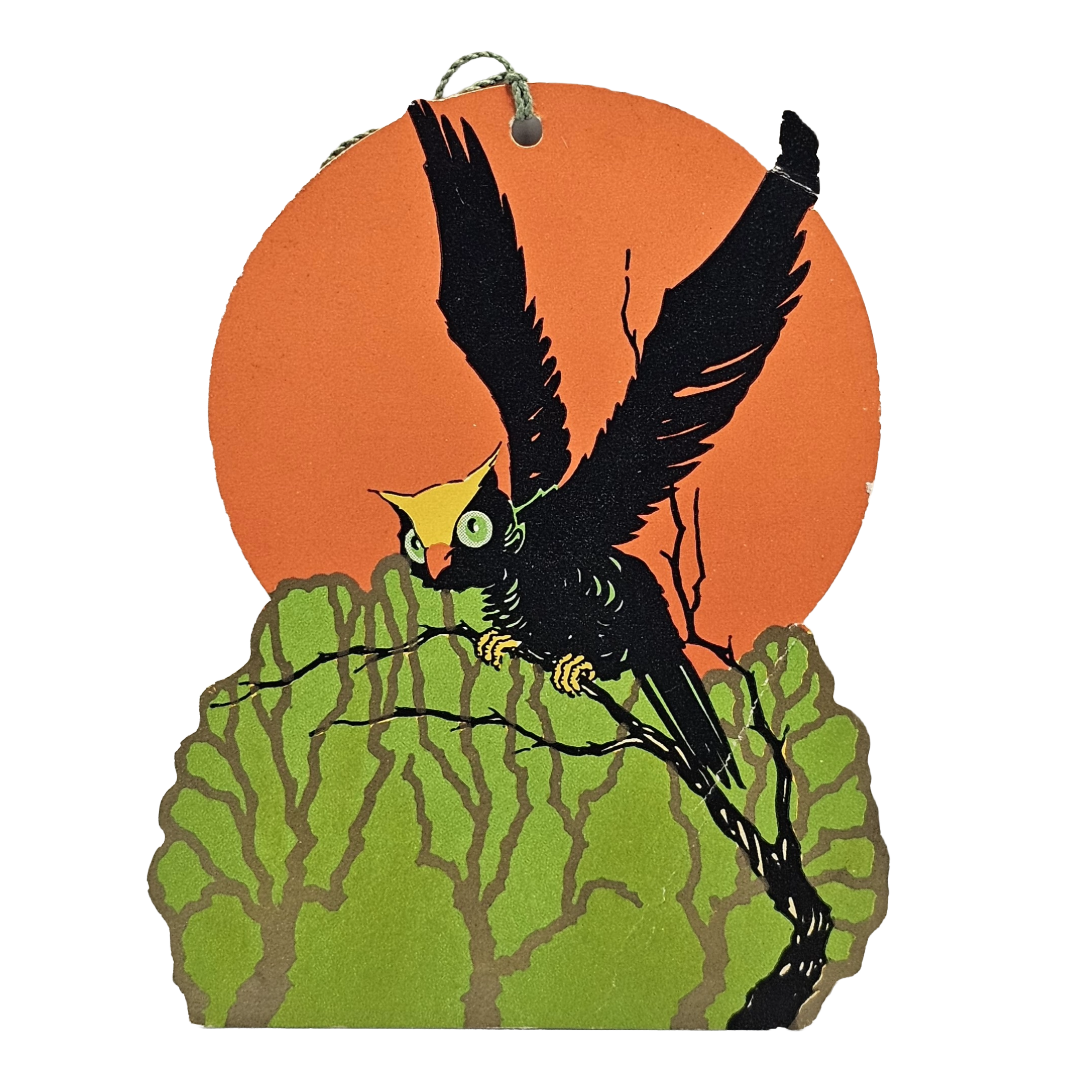 Vintage Halloween Die Cut Tally Card Black Owl In Front of Orange Moon