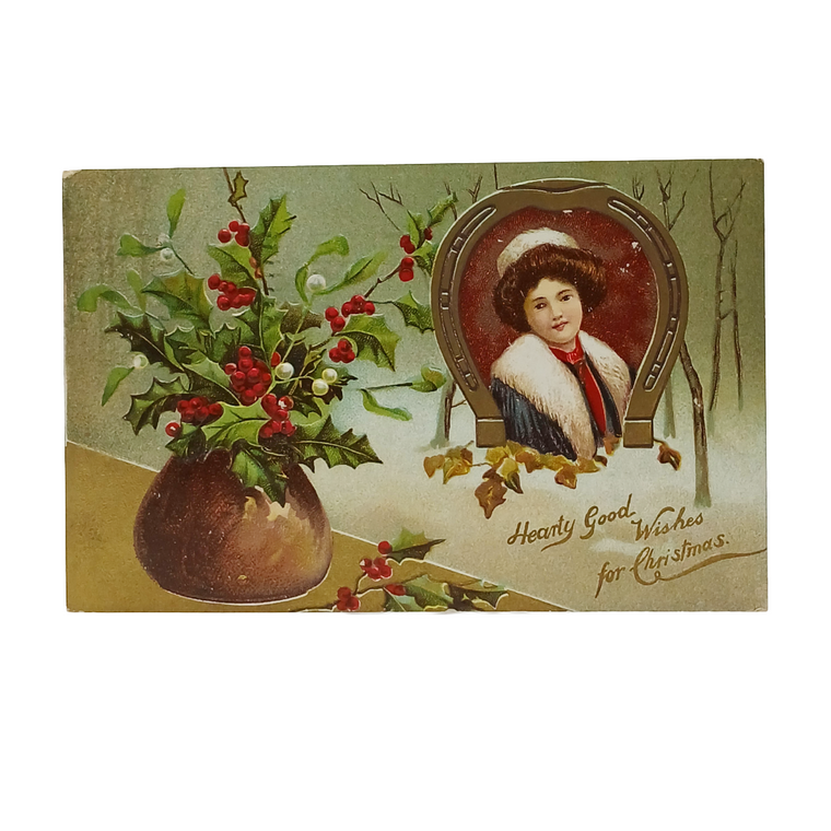 Christmas Postcard Gold Embossed Card Woman in Winter Holly 2045