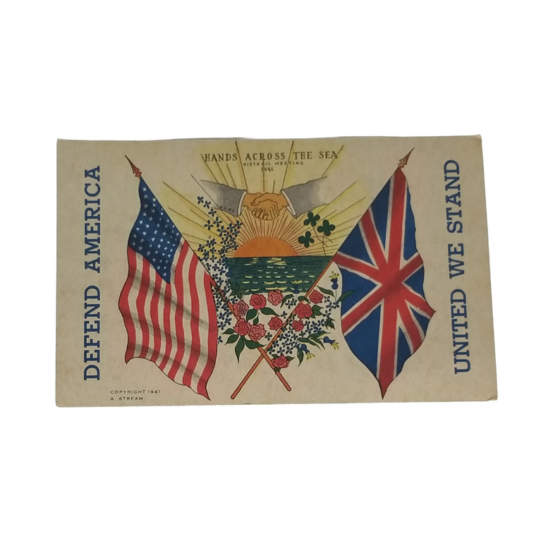 Patriotic Postcard United We Stand 1941 America & UK Flags and Hands