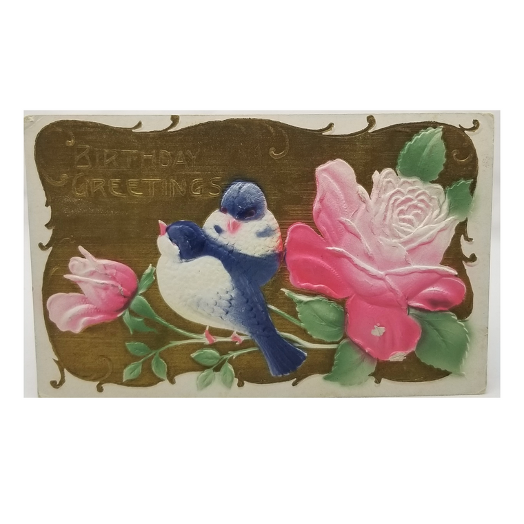 Greetings Postcard Happy Birthday Heavy Embossed Card Blue Birds with Pink Rose Air Brushed with Gold Background