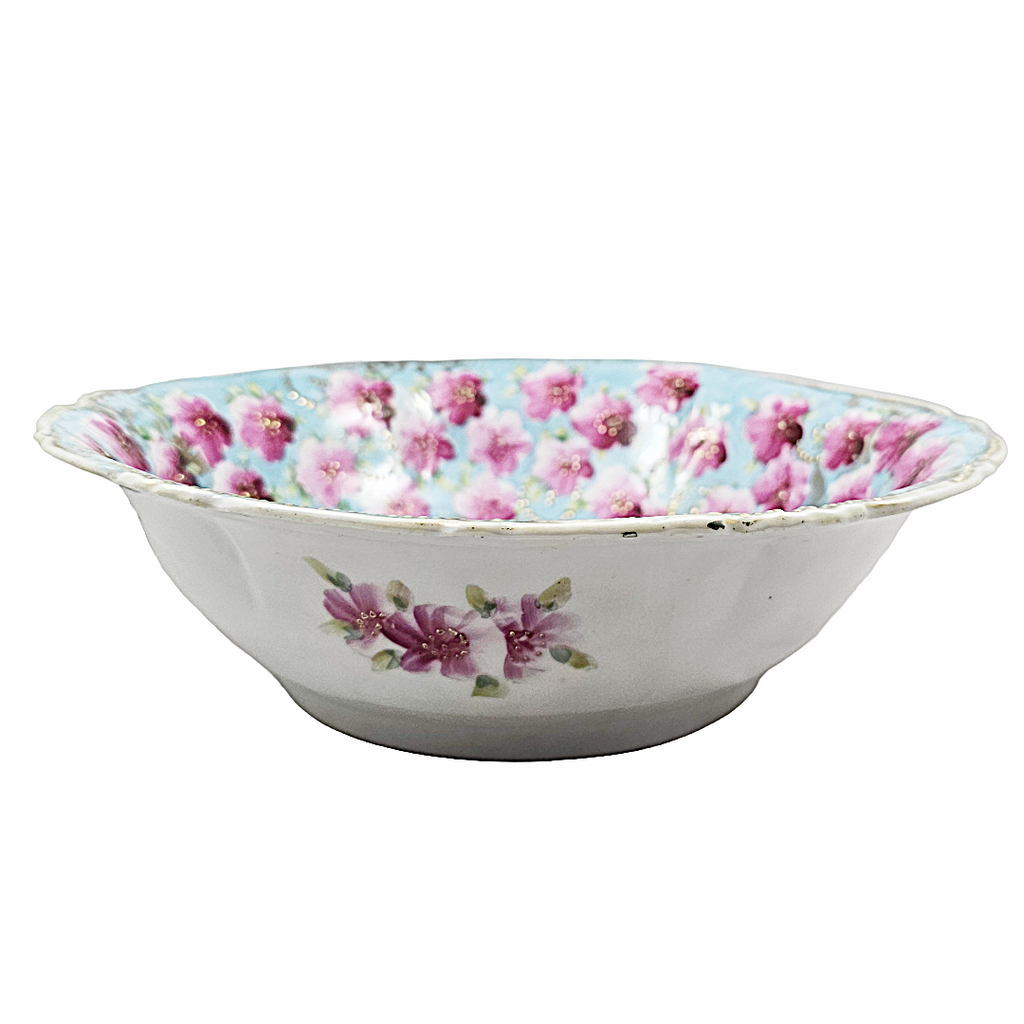Antique Large Nippon Bowl Blue w/ Pink Flowers Moriage Gold