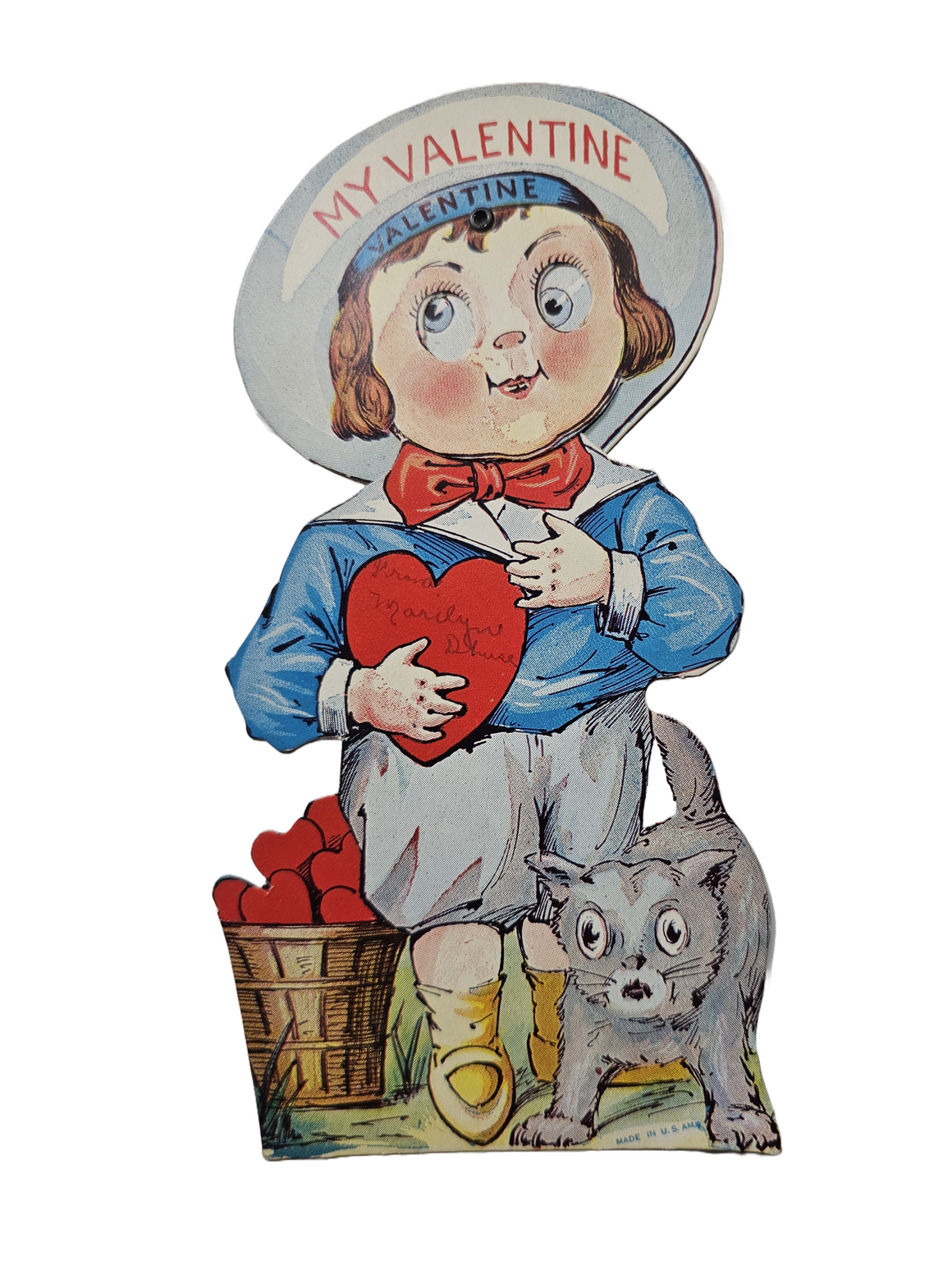 Vintage Antique Die Cut Mechanical Valentine Card Artist R. F. Outcault Boy with Moving Eyes Basket of Hearts and Scared Cat