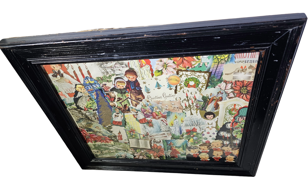 Framed Mid Century MCM Vintage Christmas Card Collage Puzzle Art