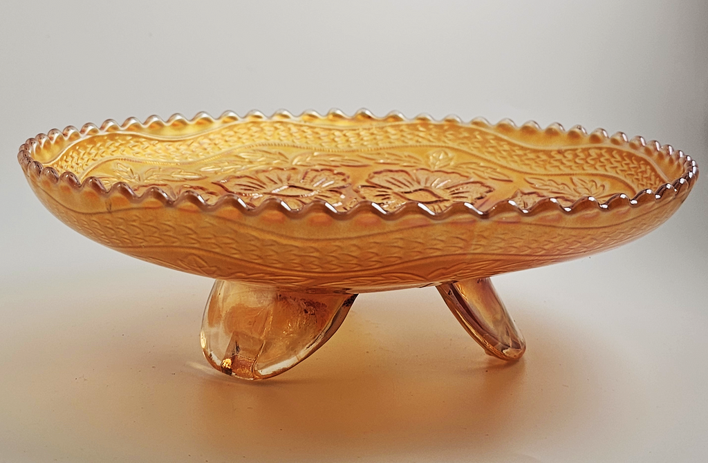 Fenton Marigold Carnival Glass Footed Bowl: Dogwood & Marsh Lily Pattern