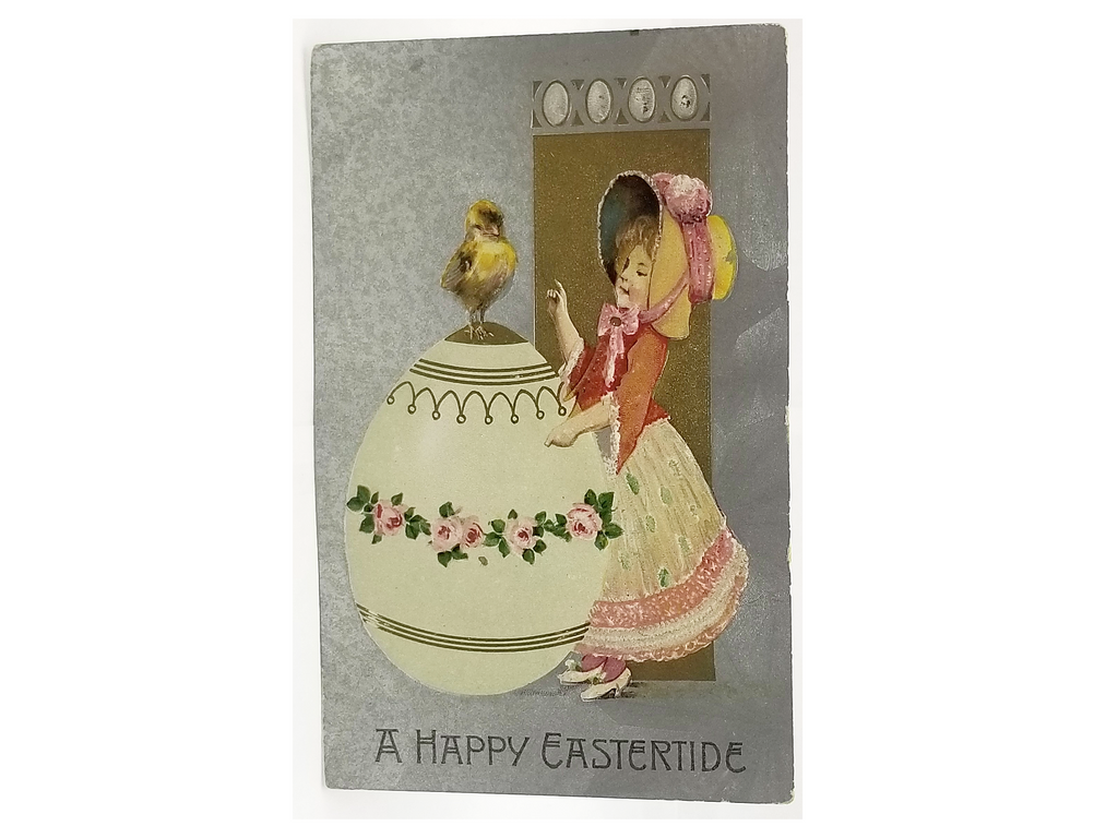 Antique Vintage German Easter Postcard, Embossed Card with Little Girl in Pink Dress Baby Chick Atop Giant Painted Egg Silver Background