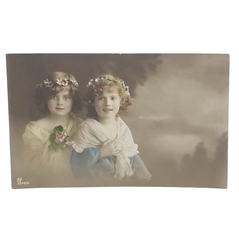 Real Photo Studio Hand Tinted Postcard Young Girls in B&W Landscape