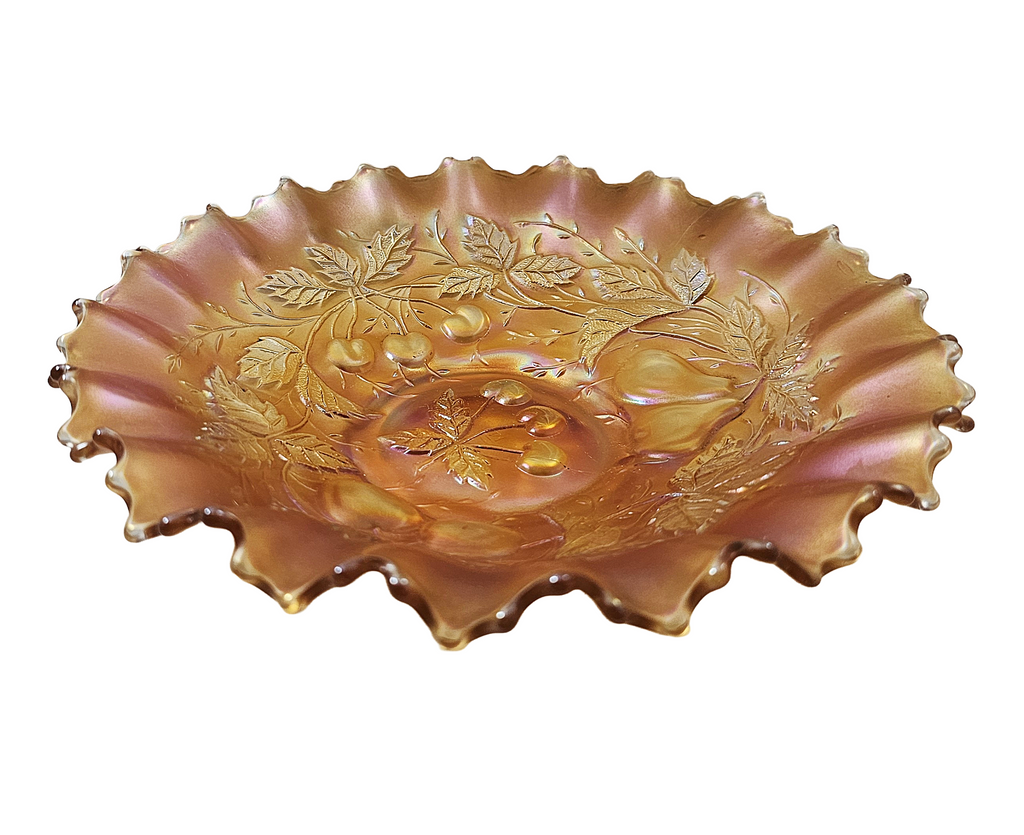 Northwood Marigold Three Fruits Carnival Glass Bowl Pie Crust Border