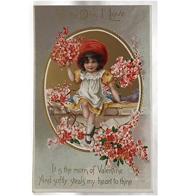 Antique Vintage Valentine Postcard, Little Girl with Pink Flowers Raphael Tuck Publishing Floral Missives Series No 11