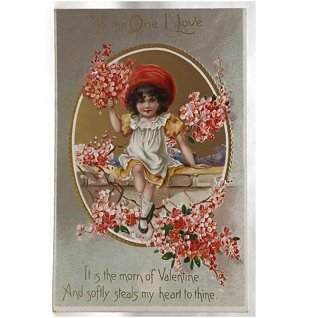 Antique Vintage Valentine Postcard, Little Girl with Pink Flowers Raphael Tuck Publishing Floral Missives Series No 11