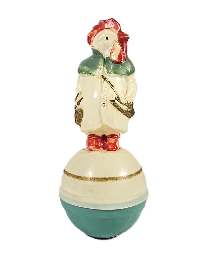 German Celluloid Roly Poly Toy Mr. Rooster Evening Suit