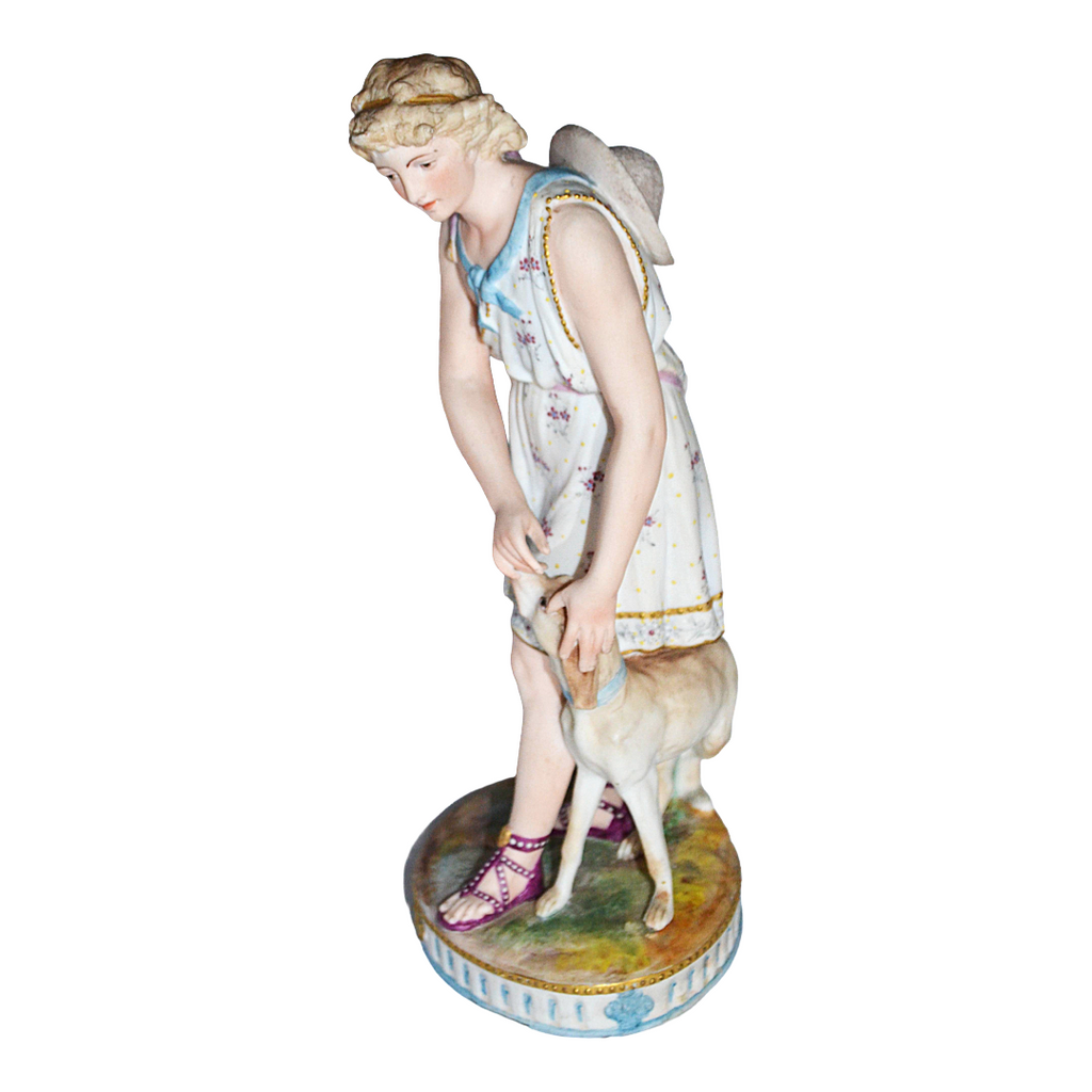 Old Paris French Bisque Sculpture Man and Dog Hand Painted Biscuit Porcelain 12" T Early Embossed Mark