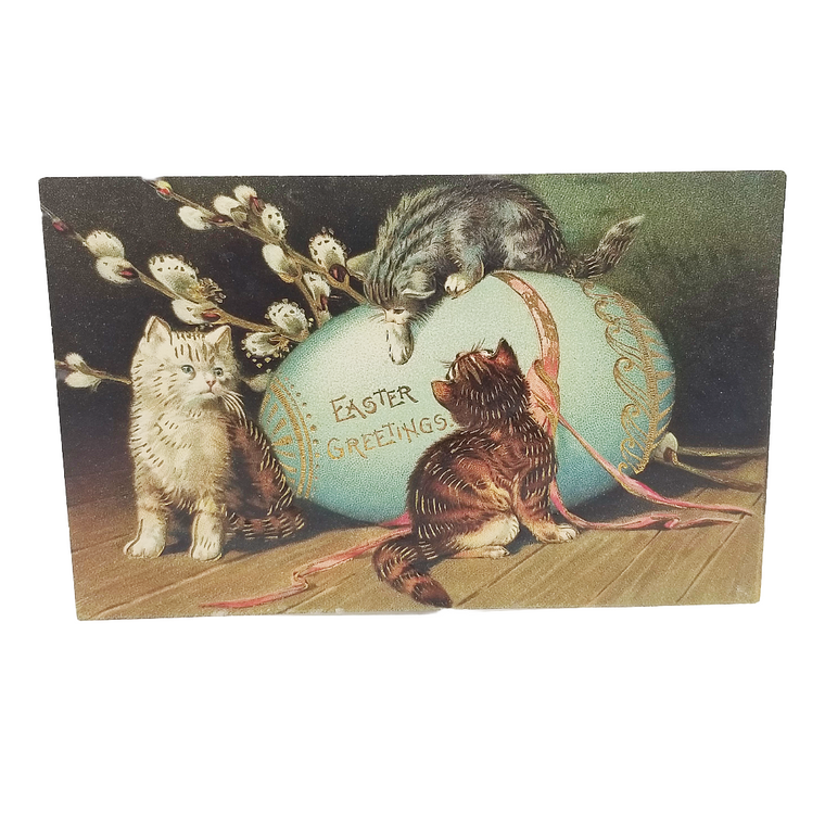 Easter Postcard 1900s Kittens Playing Atop Giant Blue Painted Egg Pussy Willows Gold Highlights