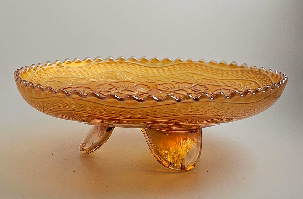 Fenton Marigold Carnival Glass Footed Bowl: Dogwood & Marsh Lily Pattern