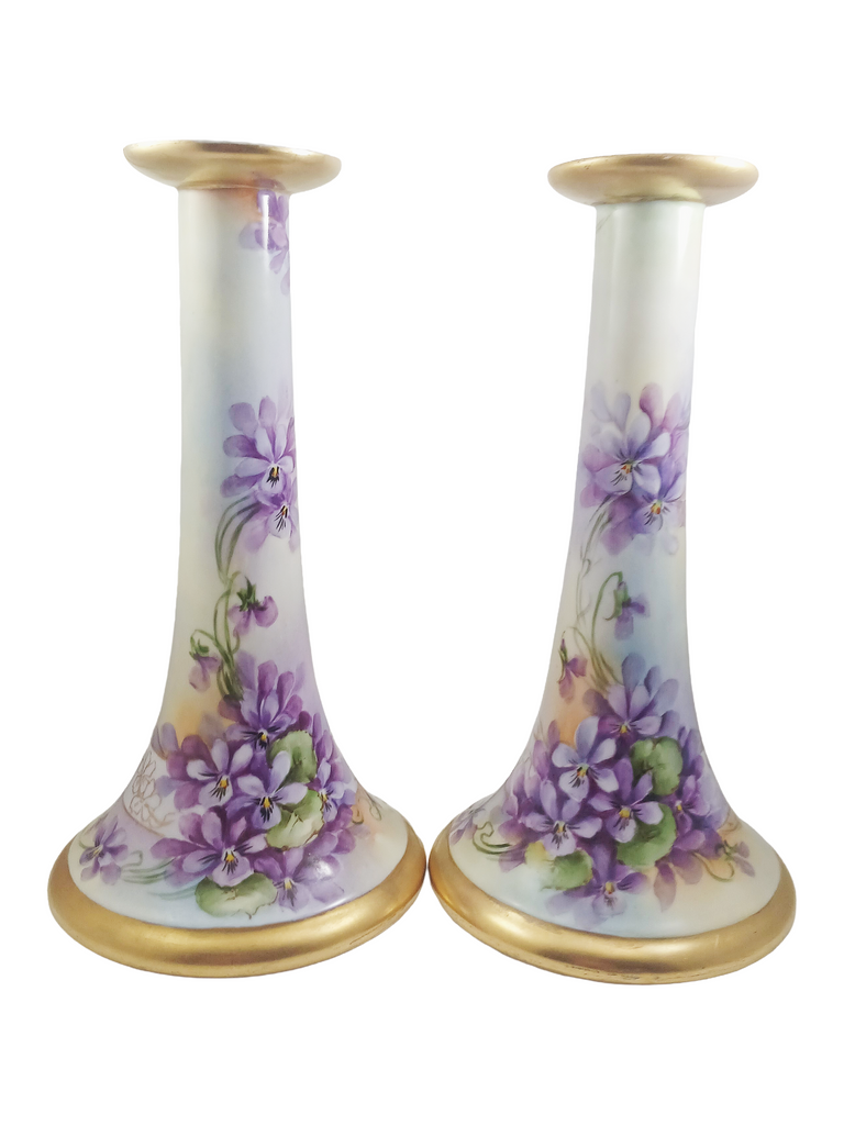 Limoges Porcelain Candle Holders Hand Painted Violets Artist Signed Perl