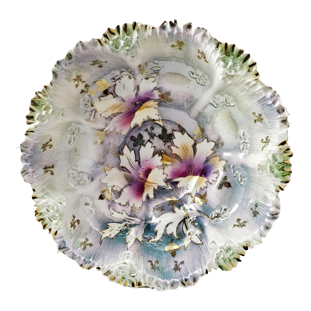 Antique RS Prussia 10.5” Bowl w/ Lavender Green Luster & Purple Lilies