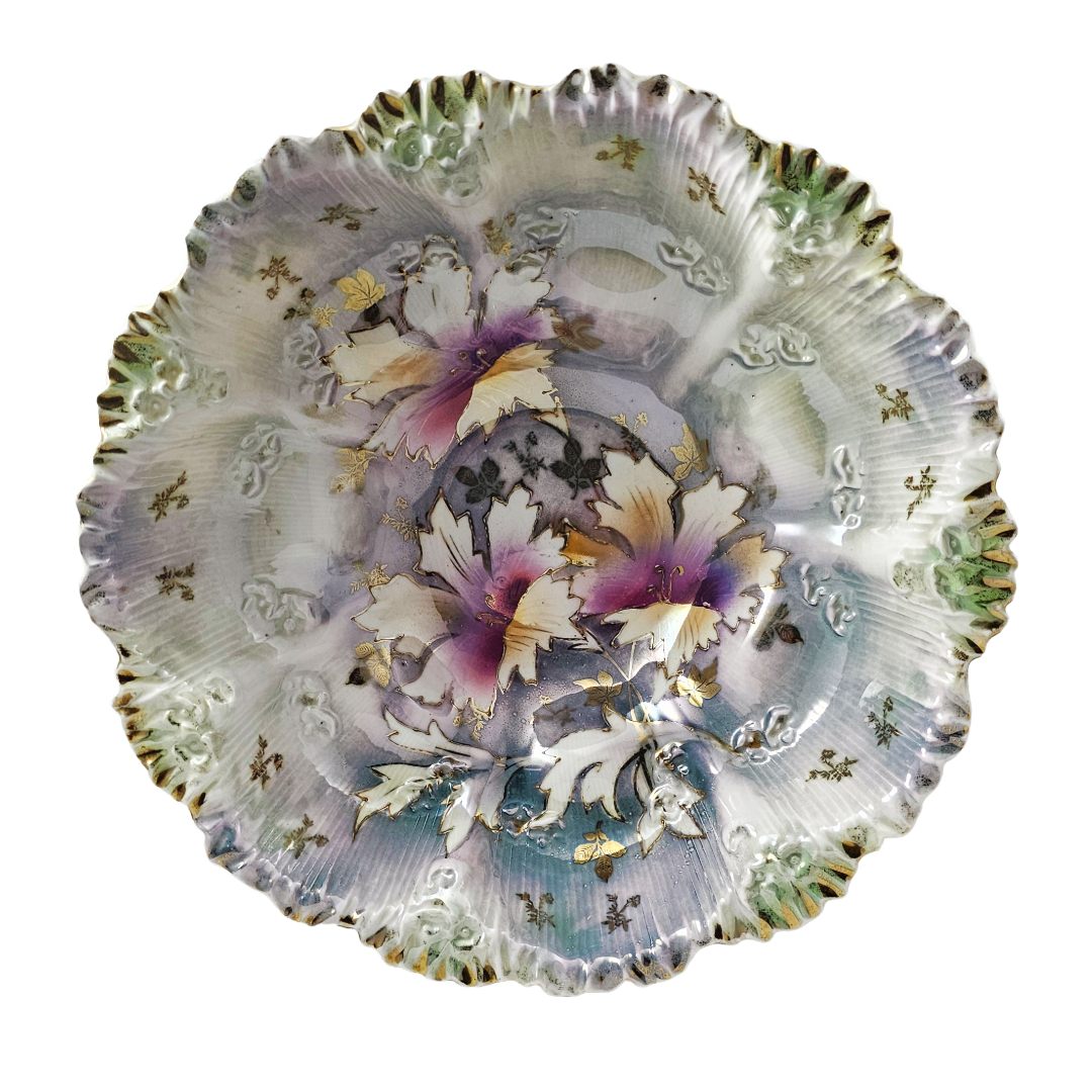 Antique RS Prussia 10.5” Bowl w/ Lavender Green Luster & Purple Lilies