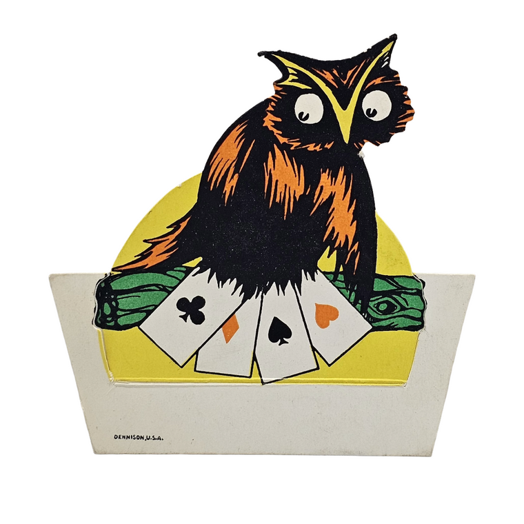 Vintage Dennison Halloween Die Cut Place Card Owl Holding Playing Cards