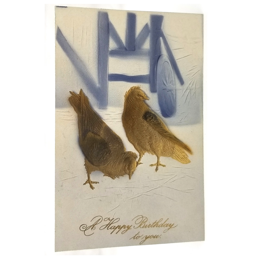 Greetings Postcard Happy Birthday Airbrush Painted Birds in Barnyard Gold Blue Heavy Embossed Unused Card PFB Pub 9238