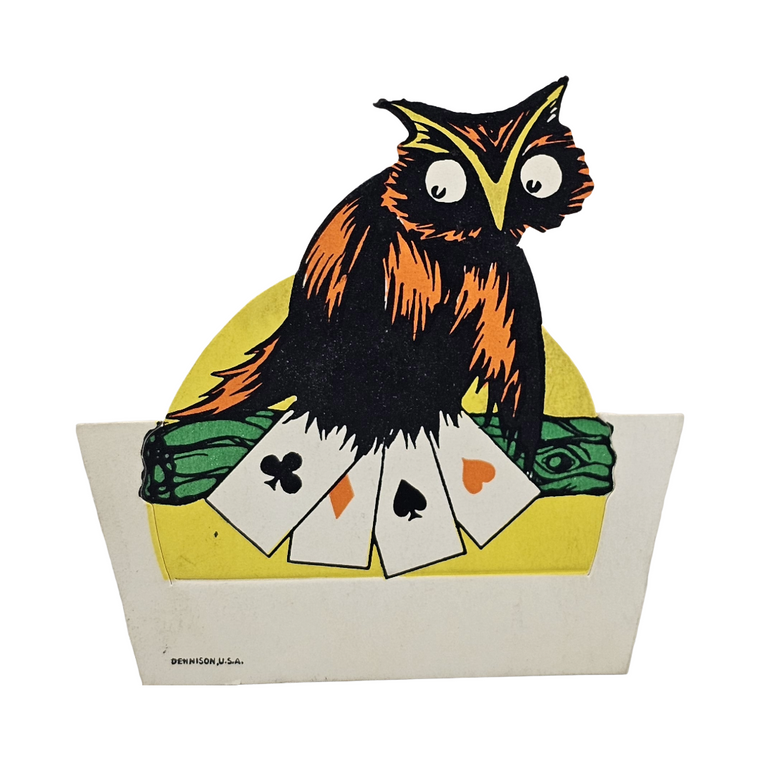 Vintage Dennison Halloween Die Cut Place Card Owl Holding Playing Cards