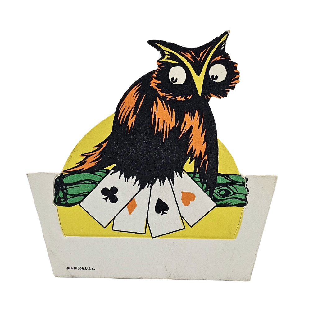 Vintage Dennison Halloween Die Cut Place Card Owl Holding Playing Cards