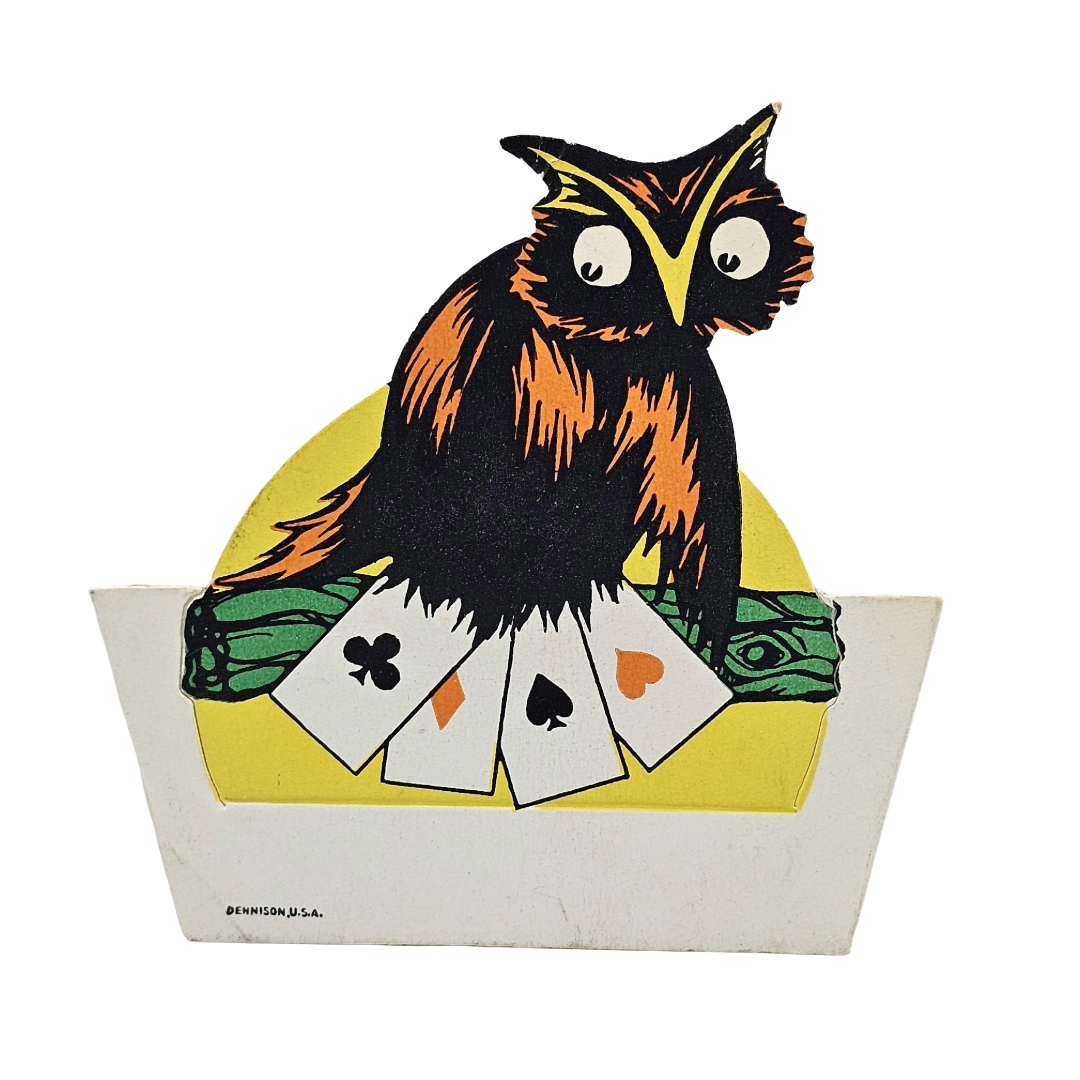 Vintage Dennison Halloween Die Cut Place Card Owl Holding Playing Cards