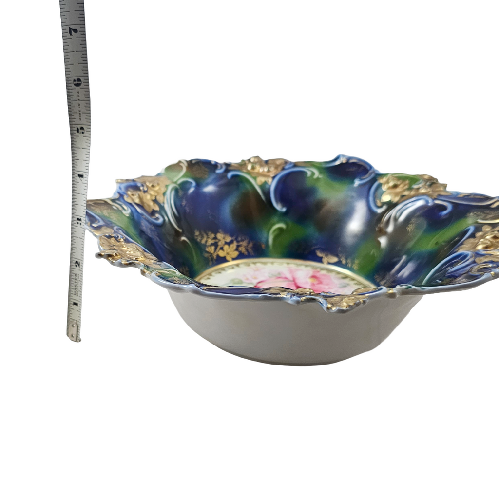 Large RS Prussia Deep Floral Bowl Cobalt & Green Gold Gilt w/ Pink Poppies