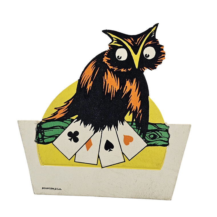Vintage Dennison Halloween Die Cut Place Card Owl Holding Playing Cards