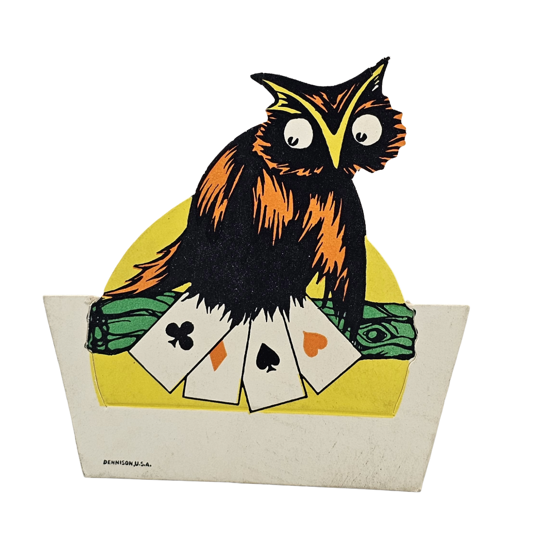 Vintage Dennison Halloween Die Cut Place Card Owl Holding Playing Cards