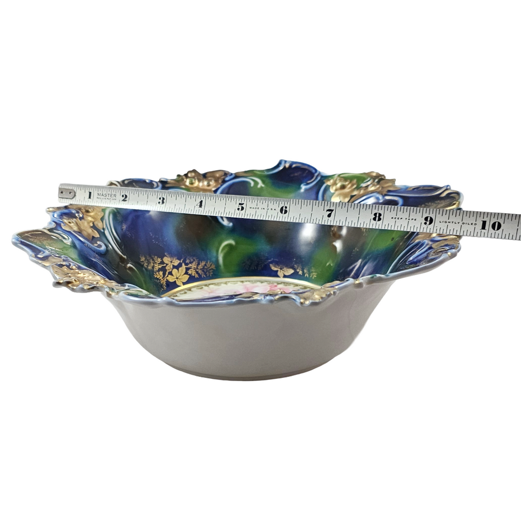 Large RS Prussia Deep Floral Bowl Cobalt & Green Gold Gilt w/ Pink Poppies