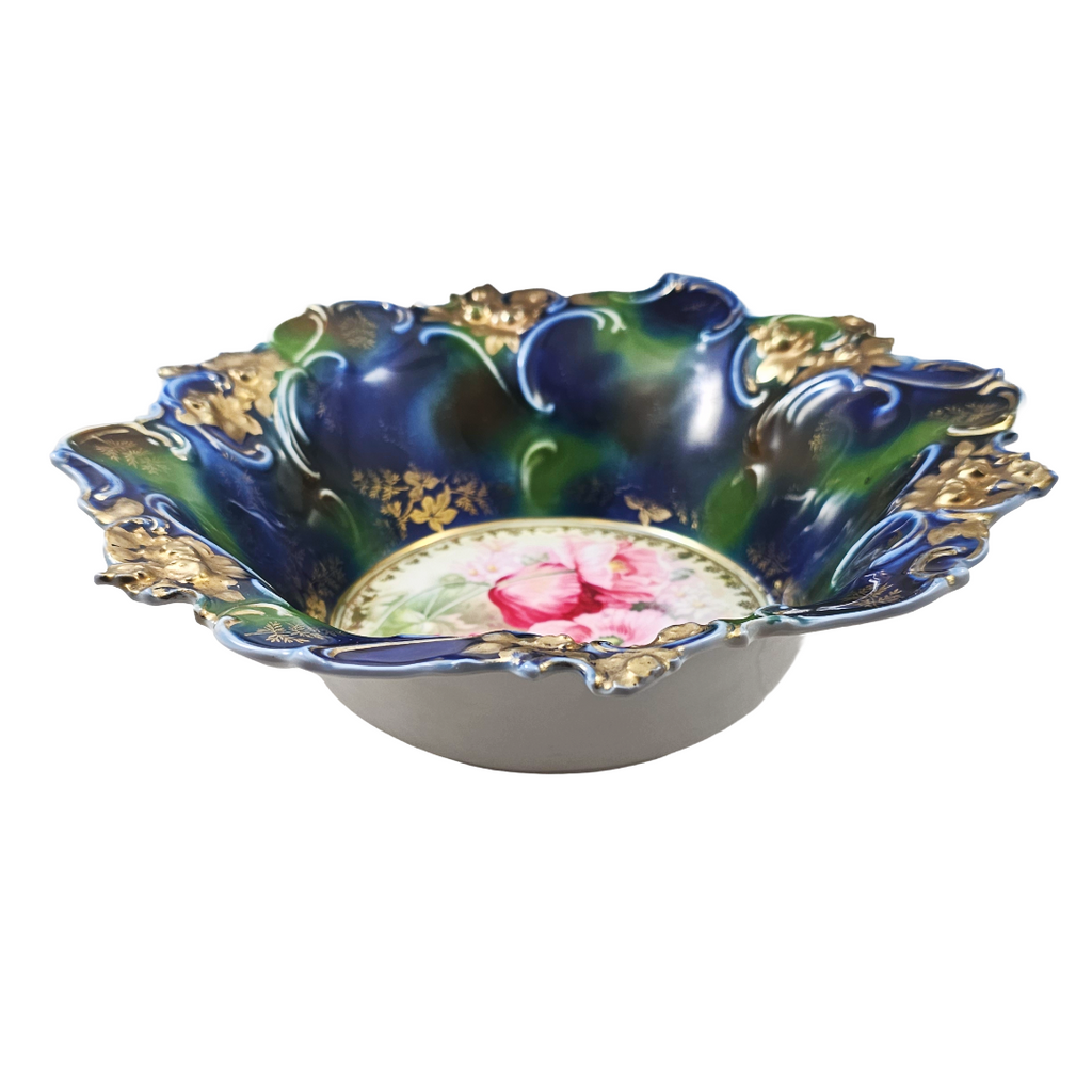 Large RS Prussia Deep Floral Bowl Cobalt & Green Gold Gilt w/ Pink Poppies