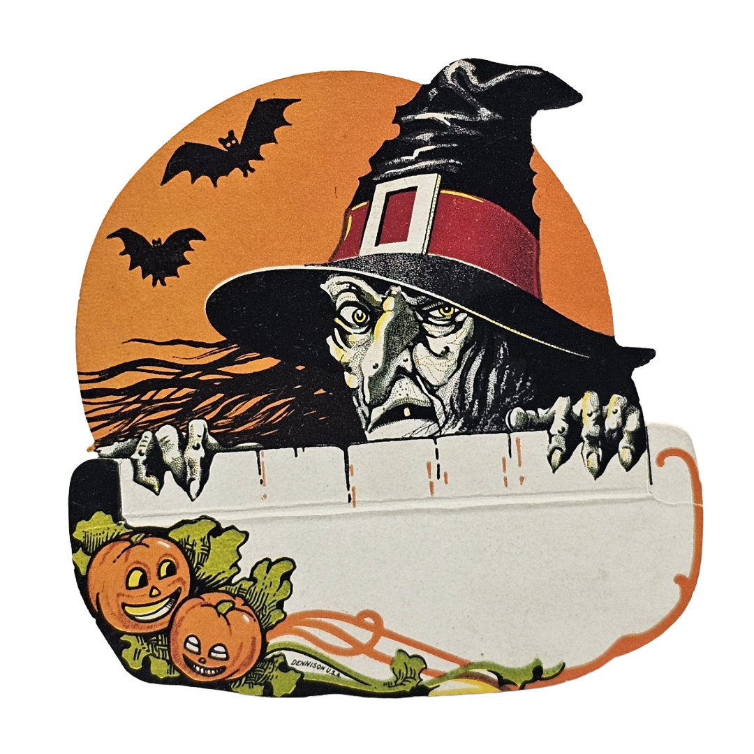 Vintage Halloween Place Card Dennison Die Cut Scary Witch with Moon