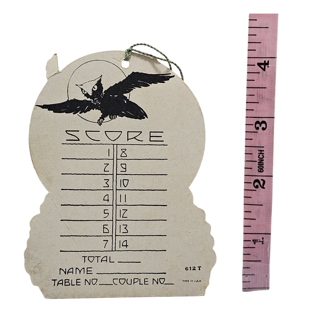 Vintage Halloween Die Cut Tally Card Black Owl In Front of Orange Moon