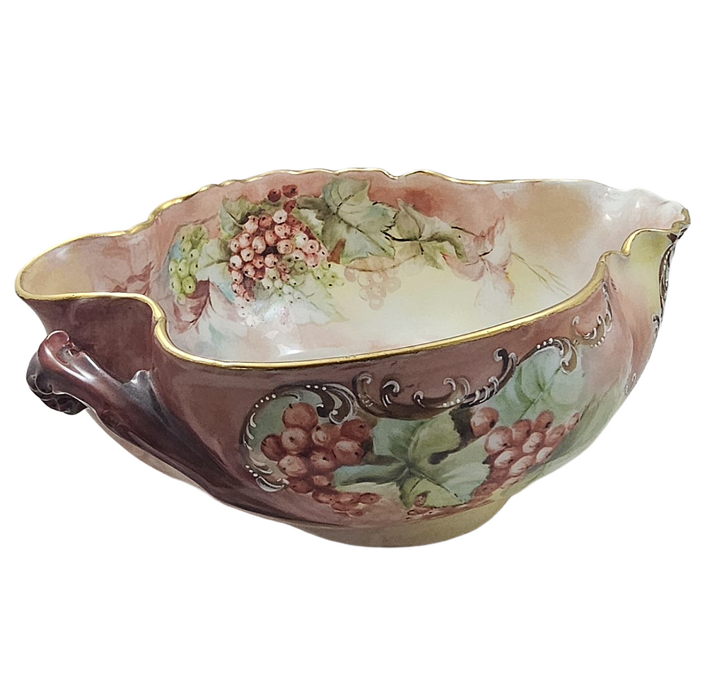 LIMOGES Porcelain Bowl Hand Painted Red Currants Branch Handle