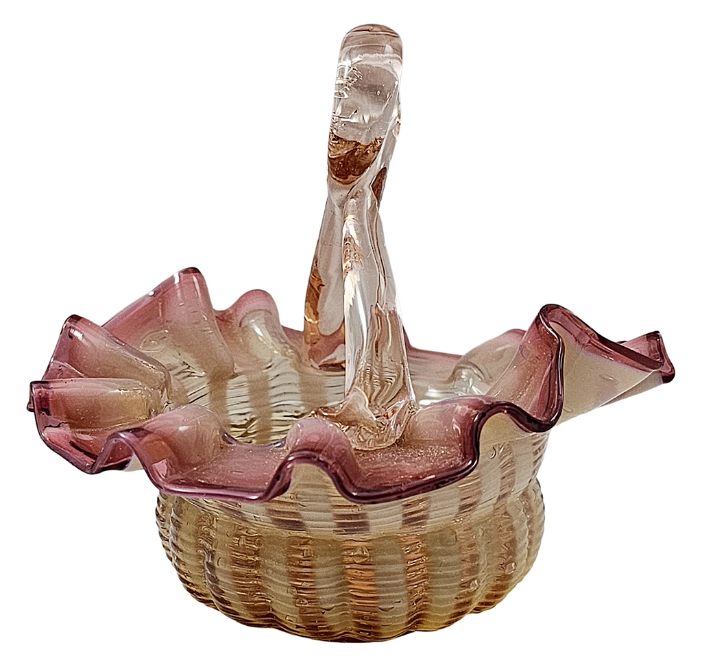 Victorian Stevens Williams Art Glass Miniature Pink Opalescent Stripe Basket
