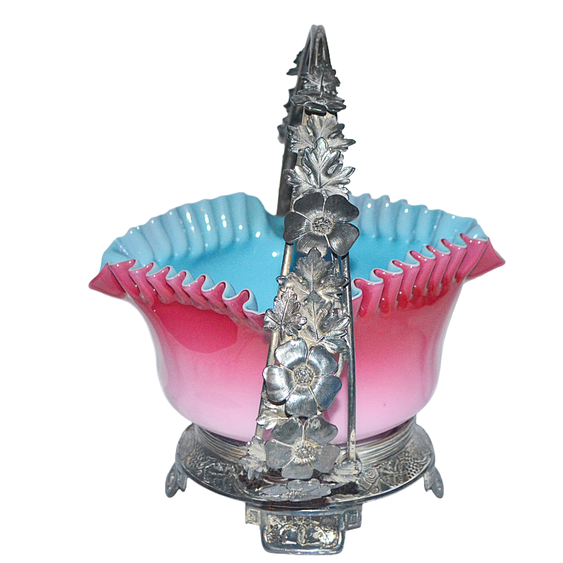 Mt Washington Pairpoint Peachblow Blue Cased Art Glass Bride's Basket